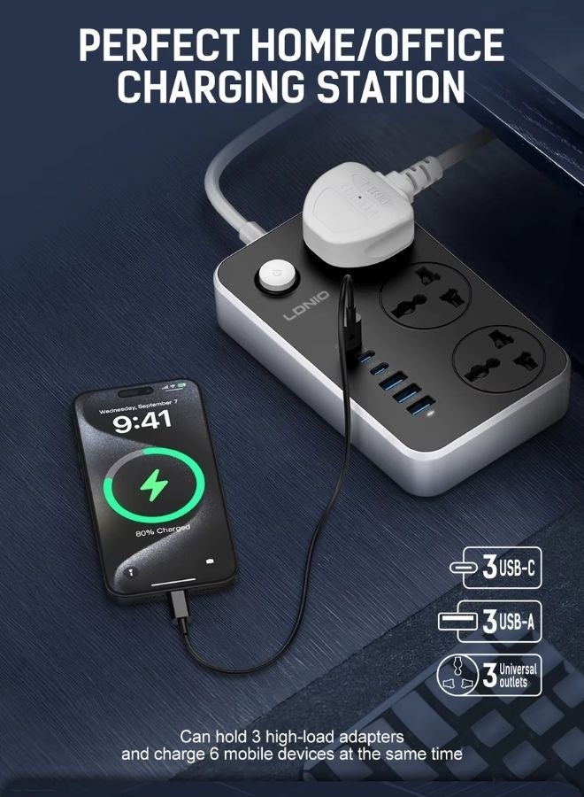 LDNIO Universal 3 Power Socket with 3 C Port 3 USB-A Extension – 2m Power Strip Charging Station, Perfect for Home/Office Use – Smart Auto-ID USB Ports, 2500W Surge Protection, Flame-Resistant, Black/Grey Rohs certification - Image 4